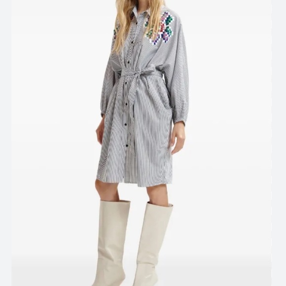 [XS/PTP:18”]Highline Collective Embroidered Floral Bird Blue Striped Shirt Dress - Picture 11 of 12